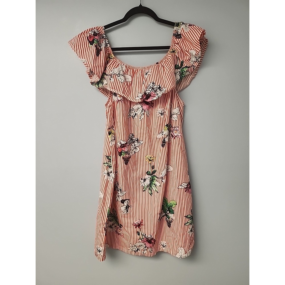 Velvet Heart Women's L‎ Off The Shoulder Dress Ruffle Red White Striped Floral - Picture 3 of 7